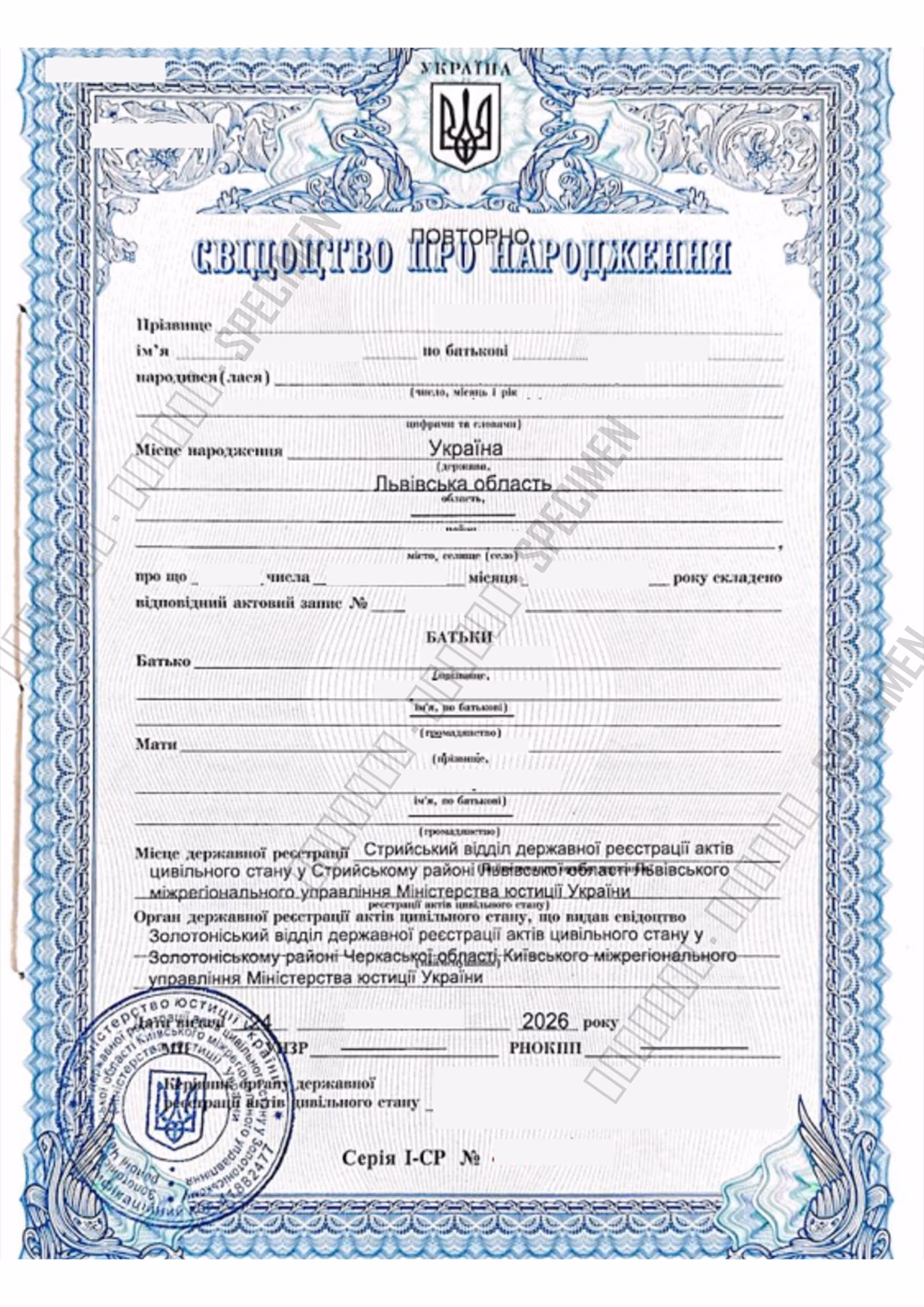 A document package with apostilles: a birth certificate, marriage and police-clearance extracts, and apostilles from the Ministry of Justice and the Ministry of Internal Affairs — the set filed abroad